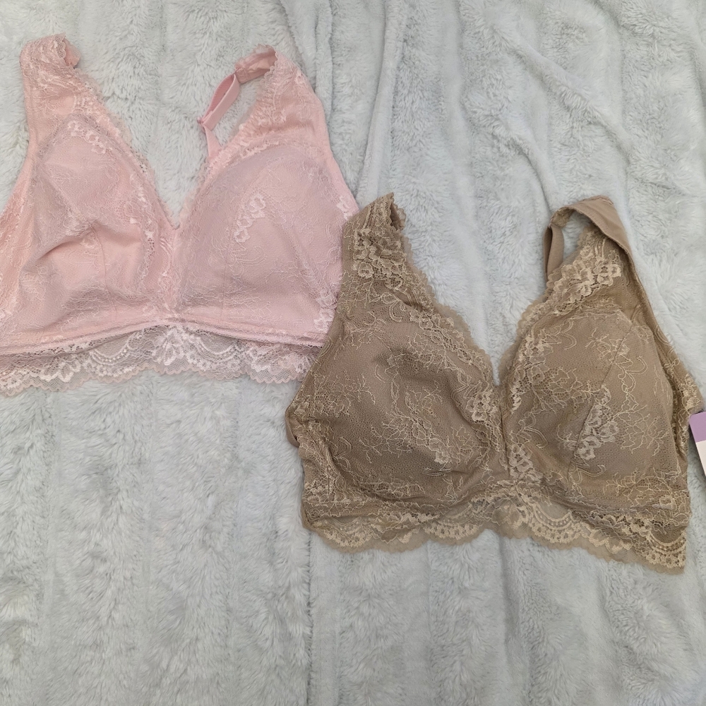 Pink and Tan Lace Bralette Set Unlined Wireless
